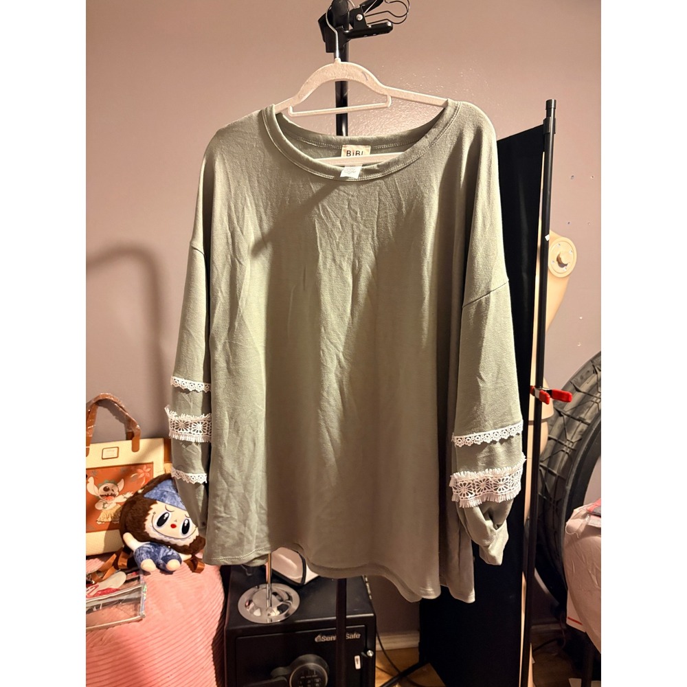 BiBi Sage Green Lace Trim Long Sleeve Top XL Boho Crochet Detail BT1989-02